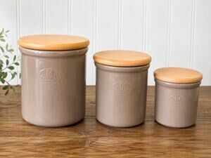 Emile Henry France Ceramic Canister Set of 3 Taupe Stoneware Wood Lids